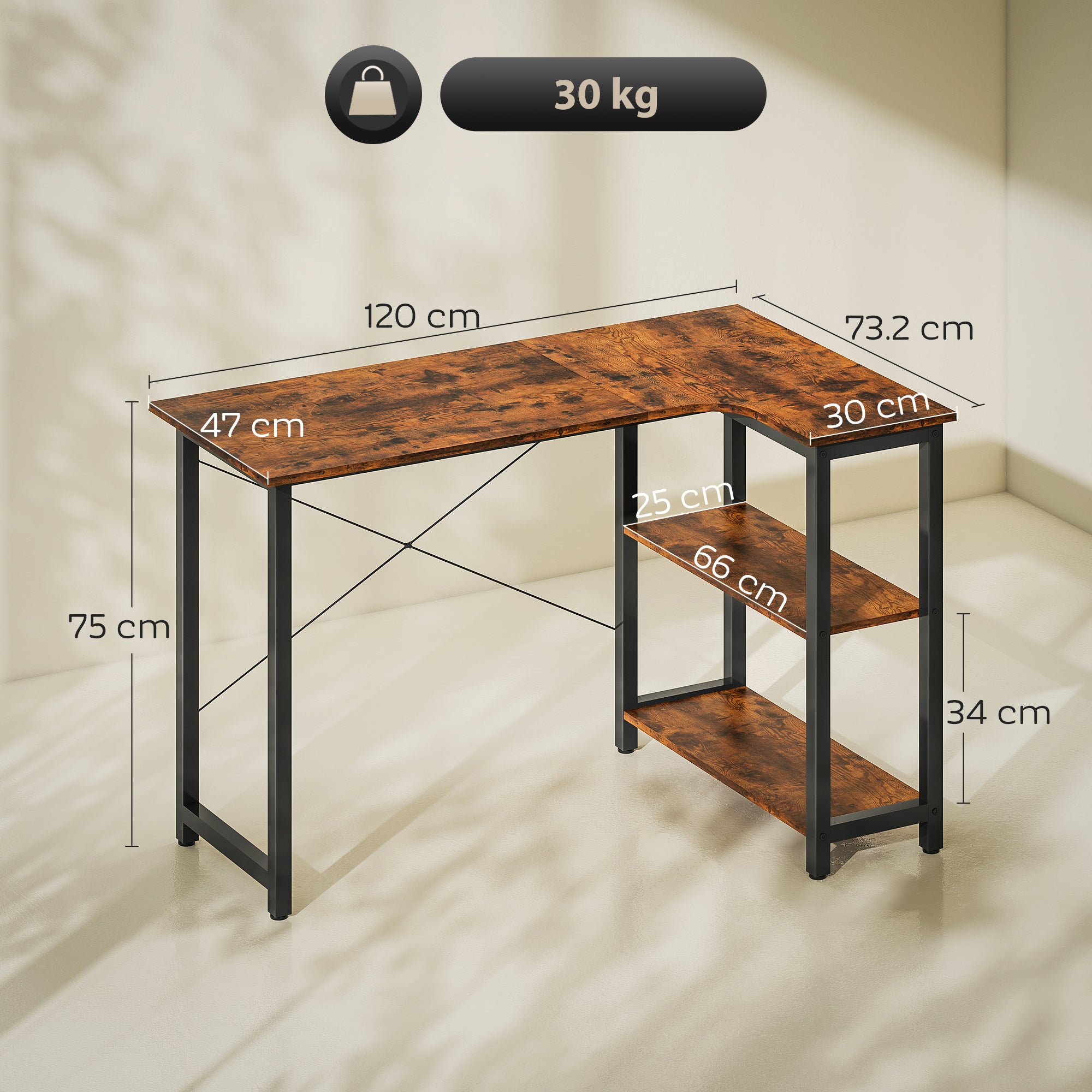 Fynco - L Shaped Desk, Corner Computer Desk with Bookshelf for Home Office, Study Room, Workstation, 120 x 73.2 x 75cm, Rustic Brown