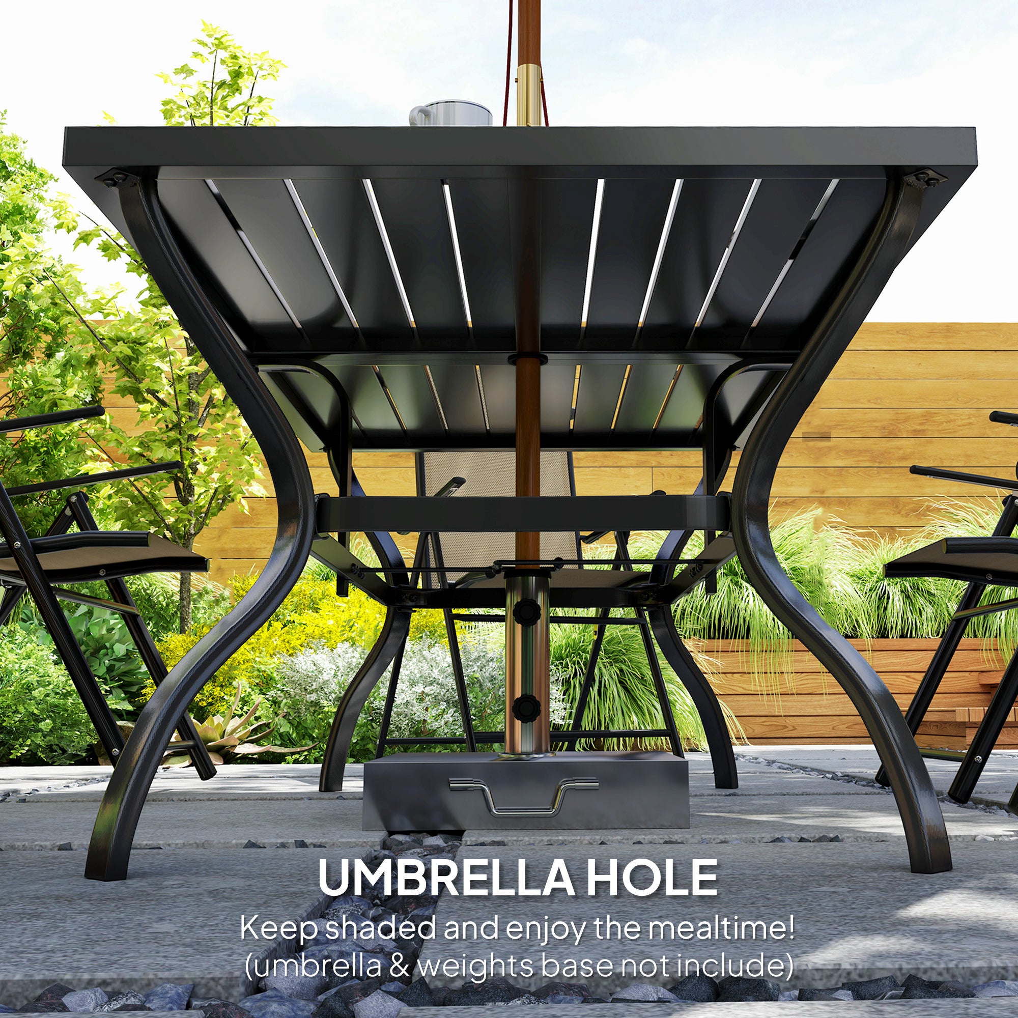 Seven-Piece Steel Outdoor Dining Set, with Parasol Hole - Khaki