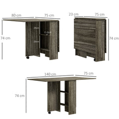 Folding Dining Table, Drop Leaf Table with 2-Tier Shelves, Rolling Casters, for Small Spaces, Kitchen, Grey