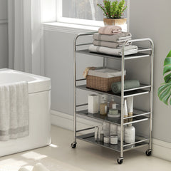 Fynco - 4 Tier Stainless Steel Kitchen Storage Trolley with Adjustable Shelves - Silver