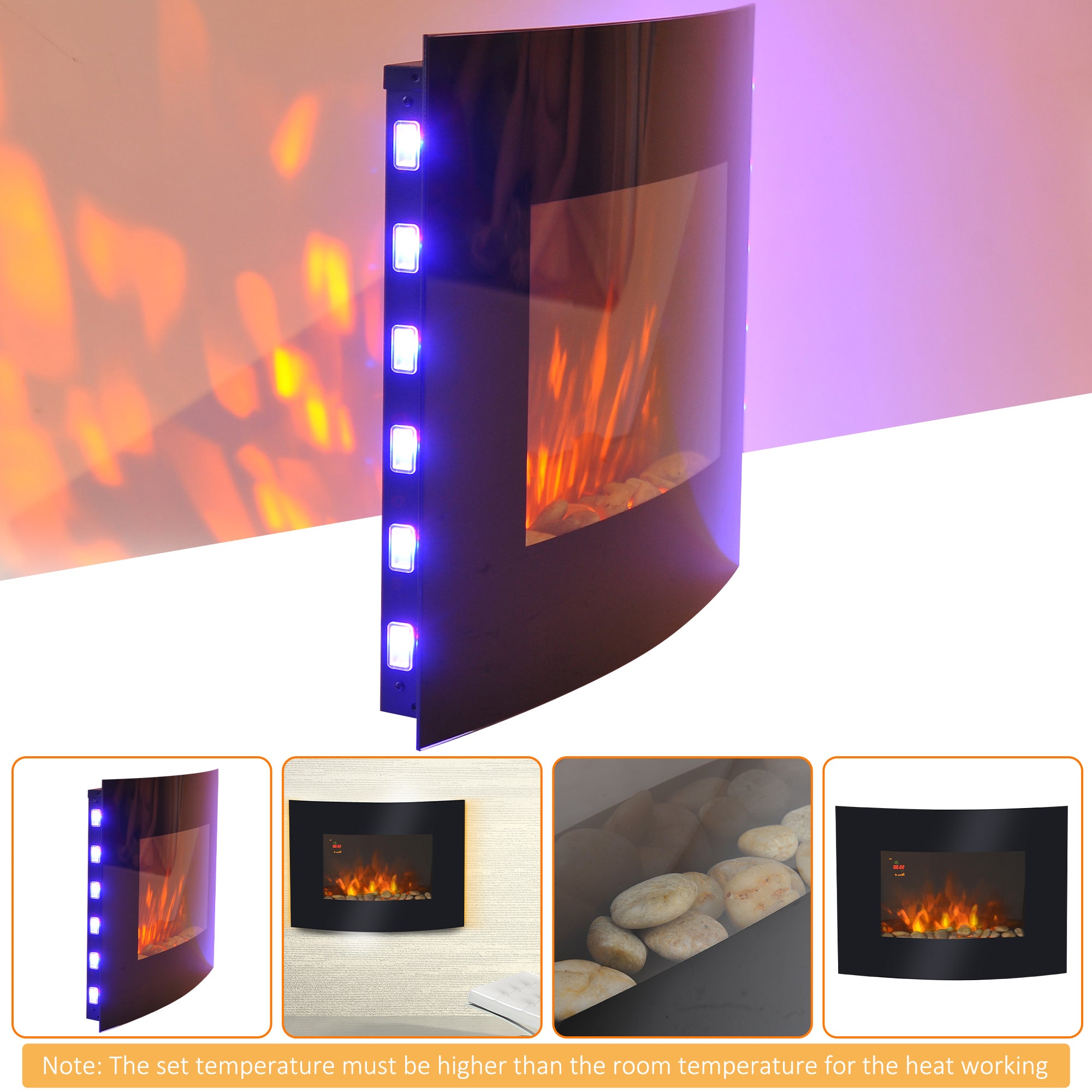 Fynco - Led Wall Mounted Fireplace Curved Glass Electric Fire Place Fire Place 7 Colour Side Lights Slimline, 900/1800W, 65cm x 52cm