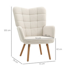 Modern Accent Chair, Upholstered Tufted Wingback Armchair with Seat Padding, Teddy Fleece Leisure Lounge Bedroom Chair with Wood Legs, Cream White
