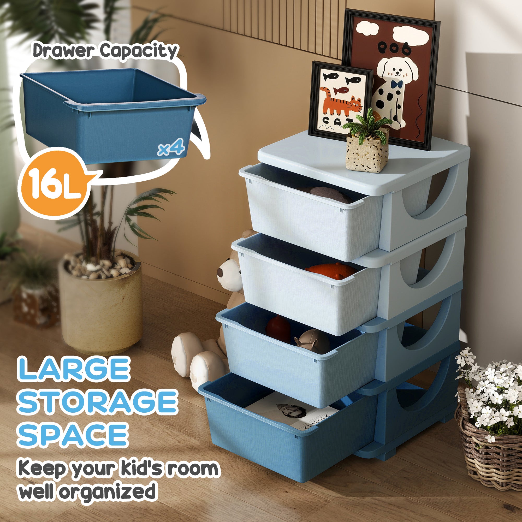 Four-Tier Kids Storage Boxes, with Four Drawers - Blue