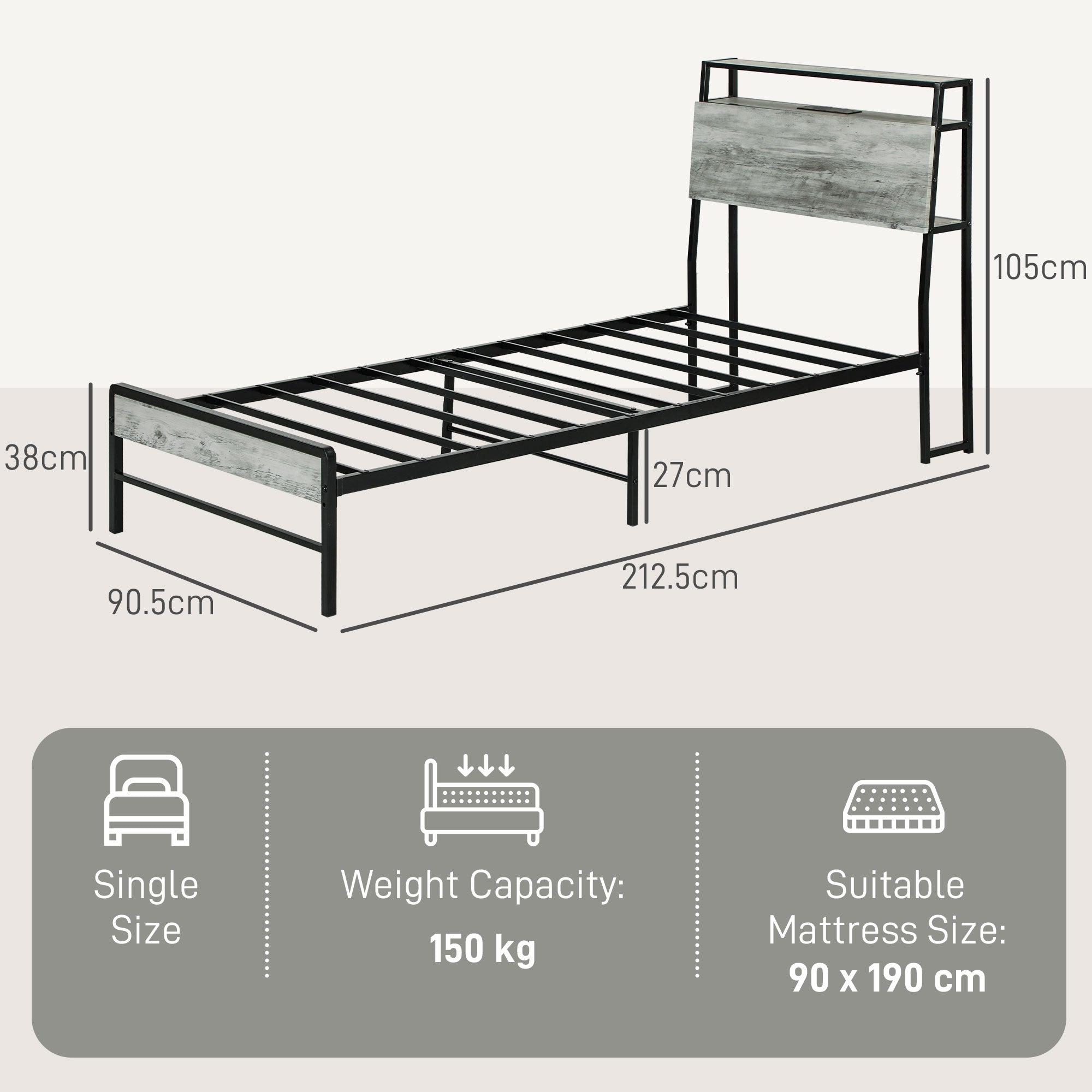 Single Steel Bed Frame, with LED Lights and Headboard Shelf - Grey
