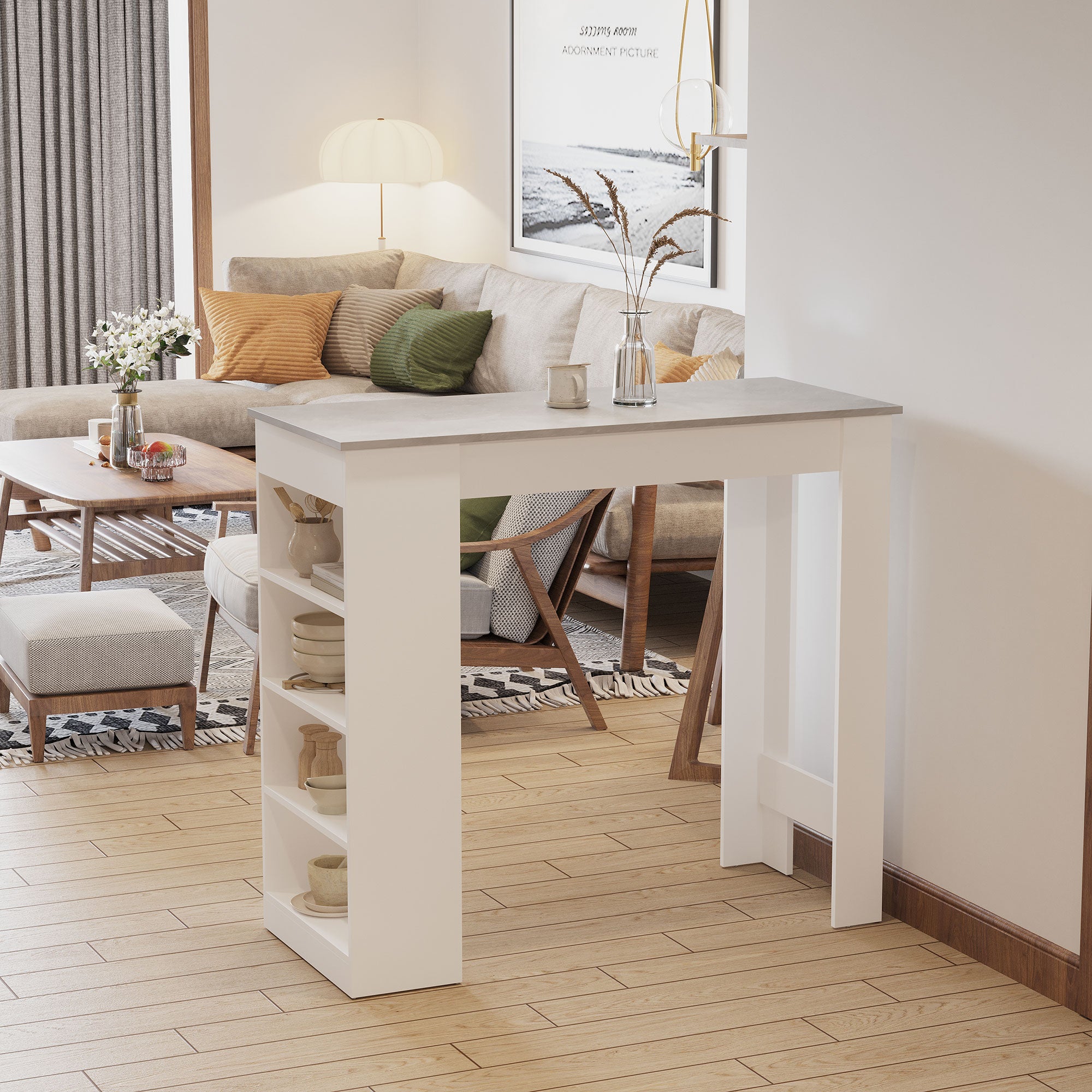 Bar Table, Dining Table with 4-Tier Storage Shelf for Breakfast Bar, Kitchen, Dining Room, Living Room, Grey