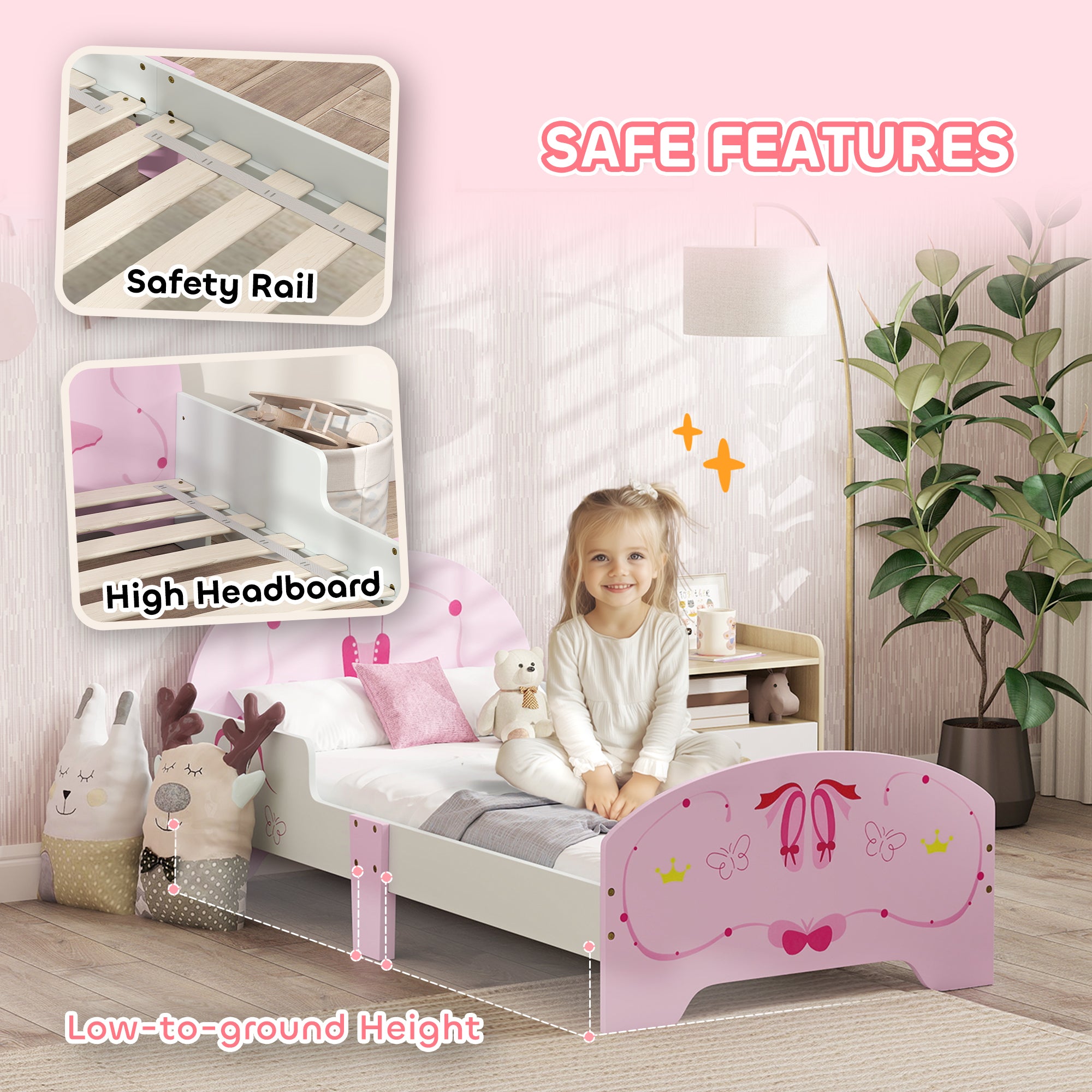 AIYAPLAY Kids Bed with Safety Rails, Kids Clothes Rail, Kids Full Length Mirror, 3 Piece Kids Furniture Set for Bedroom, Pink