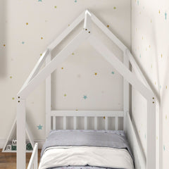 House-Shaped Kids Bed Frame with Safety Fence, Solid Pine Wood Single Bed Frame for Kids Boys and Girls