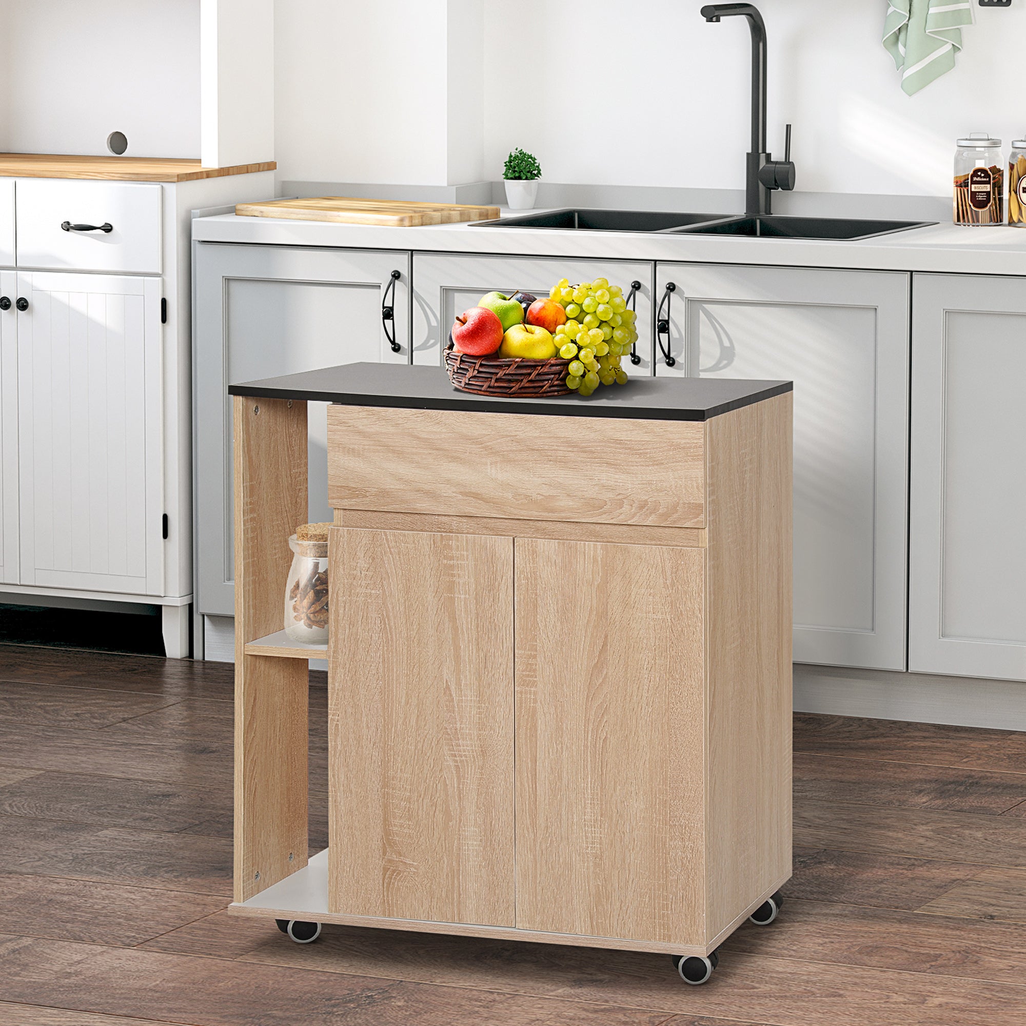 Kitchen Storage Trolley Cart Cupboard Rolling Island Shelves Cabinet With Door and Drawer Locking Wheels