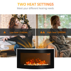Fynco - Led Wall Mounted Fireplace Curved Glass Electric Fire Place Fire Place 7 Colour Side Lights Slimline, 1000/2000W, 89.2cm x 48cm