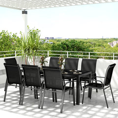 8 Seater Garden Dining Set with Stacking Chairs, Rectangular Tempered Glass Top, Garden Furniture Set, Outdoor Dining Table and Chairs for Patio, Balcony, Poolside, Black