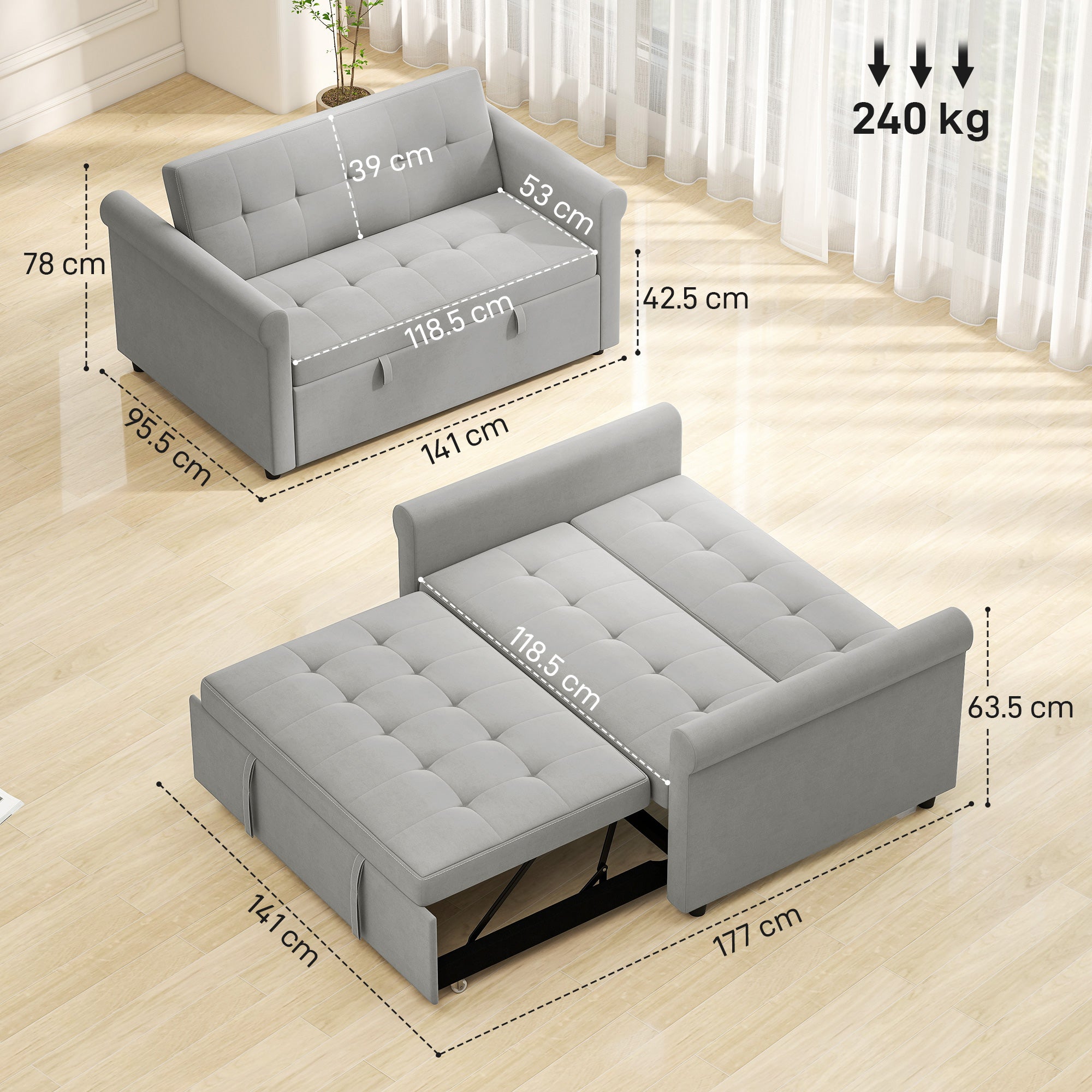 Fynco - Two-Seater Velvet-Feel Sofa Bed - Grey