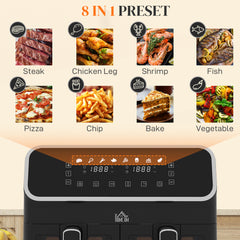 8L Dual Basket Air Fryer, 80-200℃, with Sync Function - Black/Silver