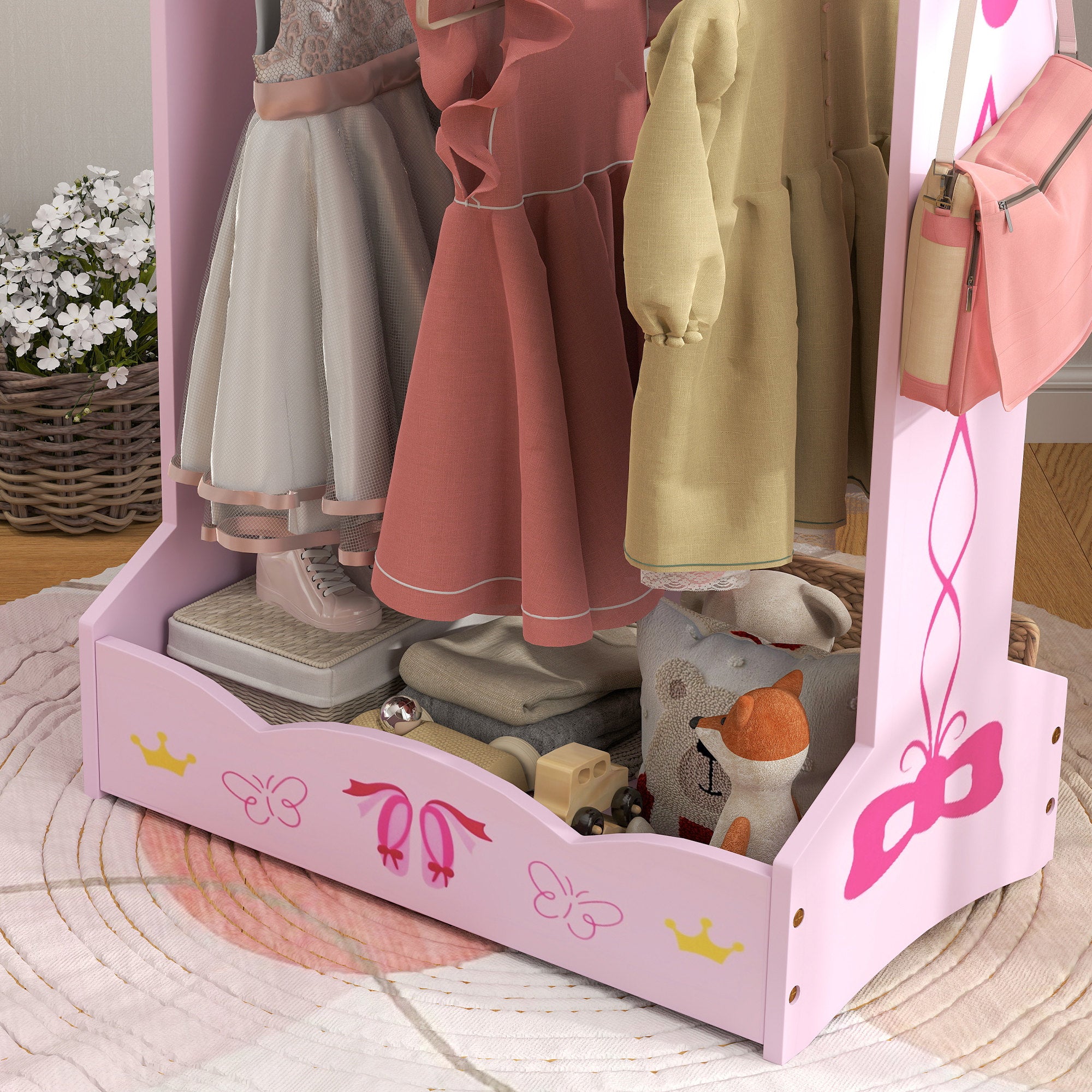 AIYAPLAY Kids Clothes Rail with Two Shelves, for 3-8 Years, Pink