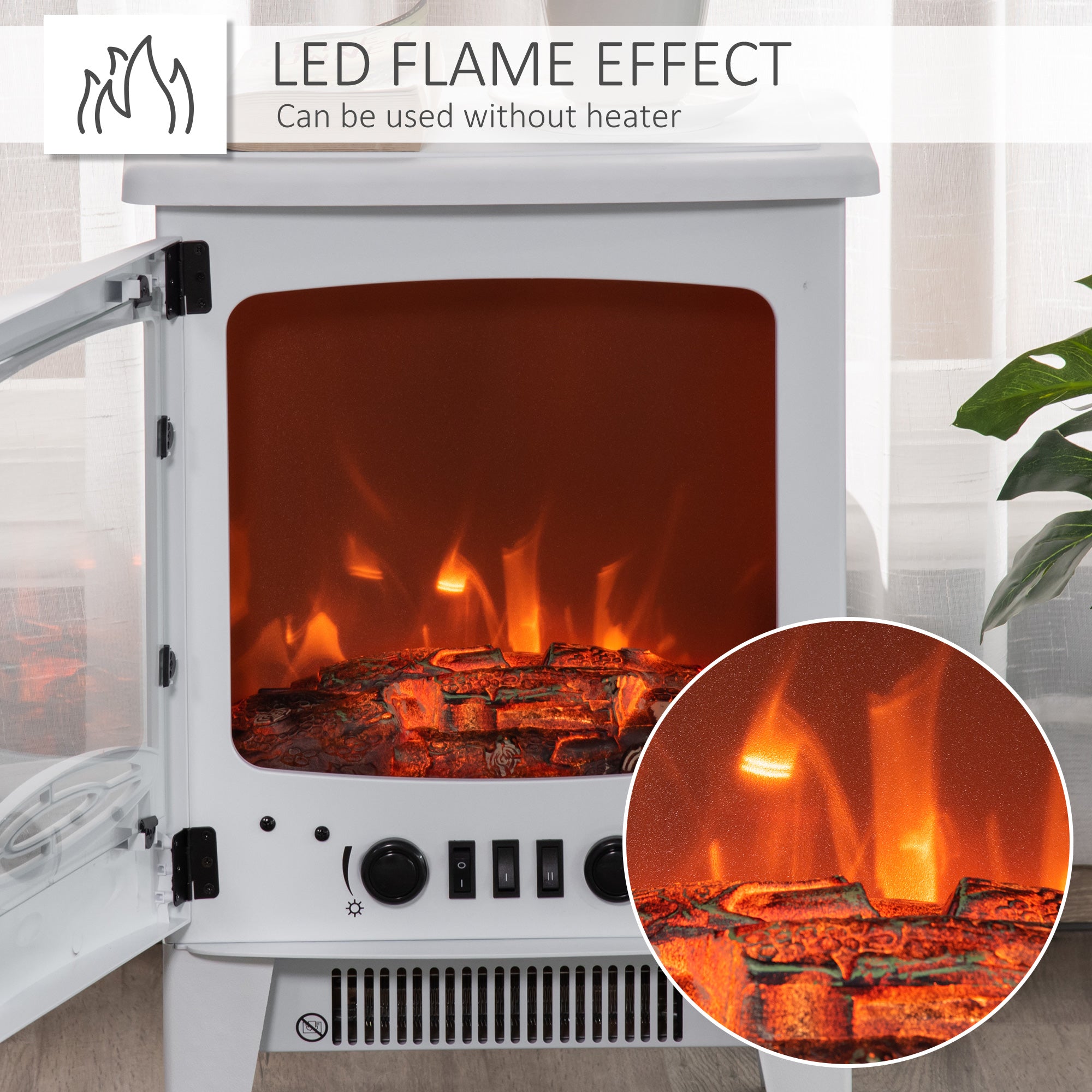 Fynco - Electric Fireplace Stove, Free standing Fireplace Heater with Realistic LED Flame Effect, Overheat Safety Protection, 900W/1800W, White