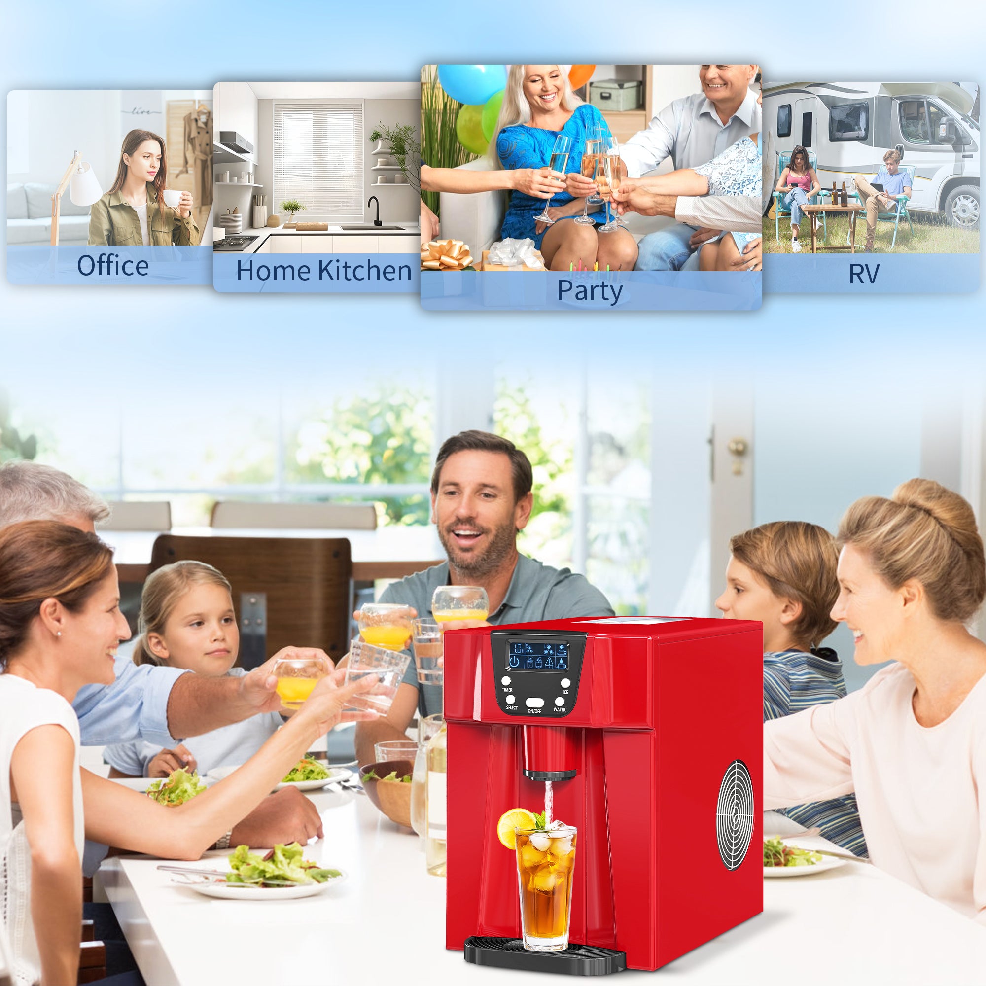 Fynco - 3L Ice Maker Machine and Water Dispenser, 12kg in 24H, 2 Sizes 9 Ice Cubes Ready in 6-10 Mins Ice Machine, Red