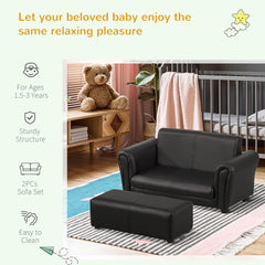 Kids Sofa Bed Kids Twin Sofa Toddler Chair 2 Seater Kids Twin Sofa Chair Boys Girls Couch w/ Footstool (Black)