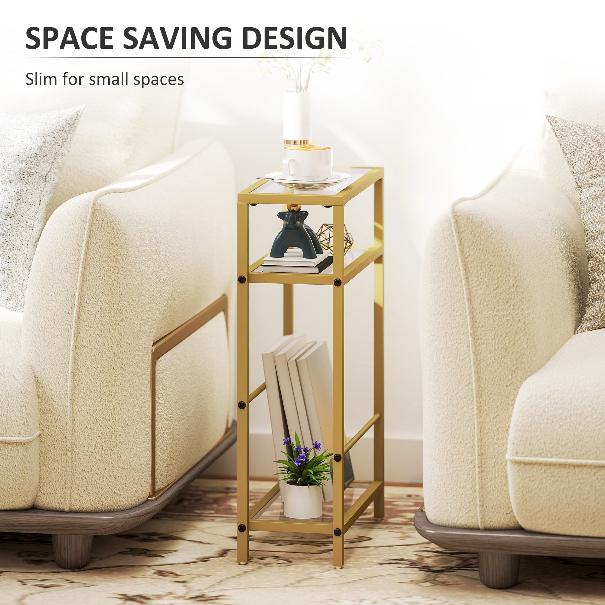 3-Tier Side Table, Narrow End Table with Storage Shelf and Tempered Glass Tabletop for Small Spaces, Bedroom, Living Room, Entryway, Gold Tone