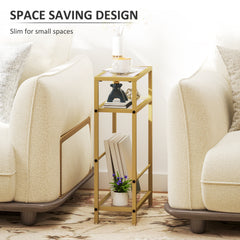 3-Tier Side Table, Narrow End Table with Storage Shelf and Tempered Glass Tabletop for Small Spaces, Bedroom, Living Room, Entryway, Gold Tone