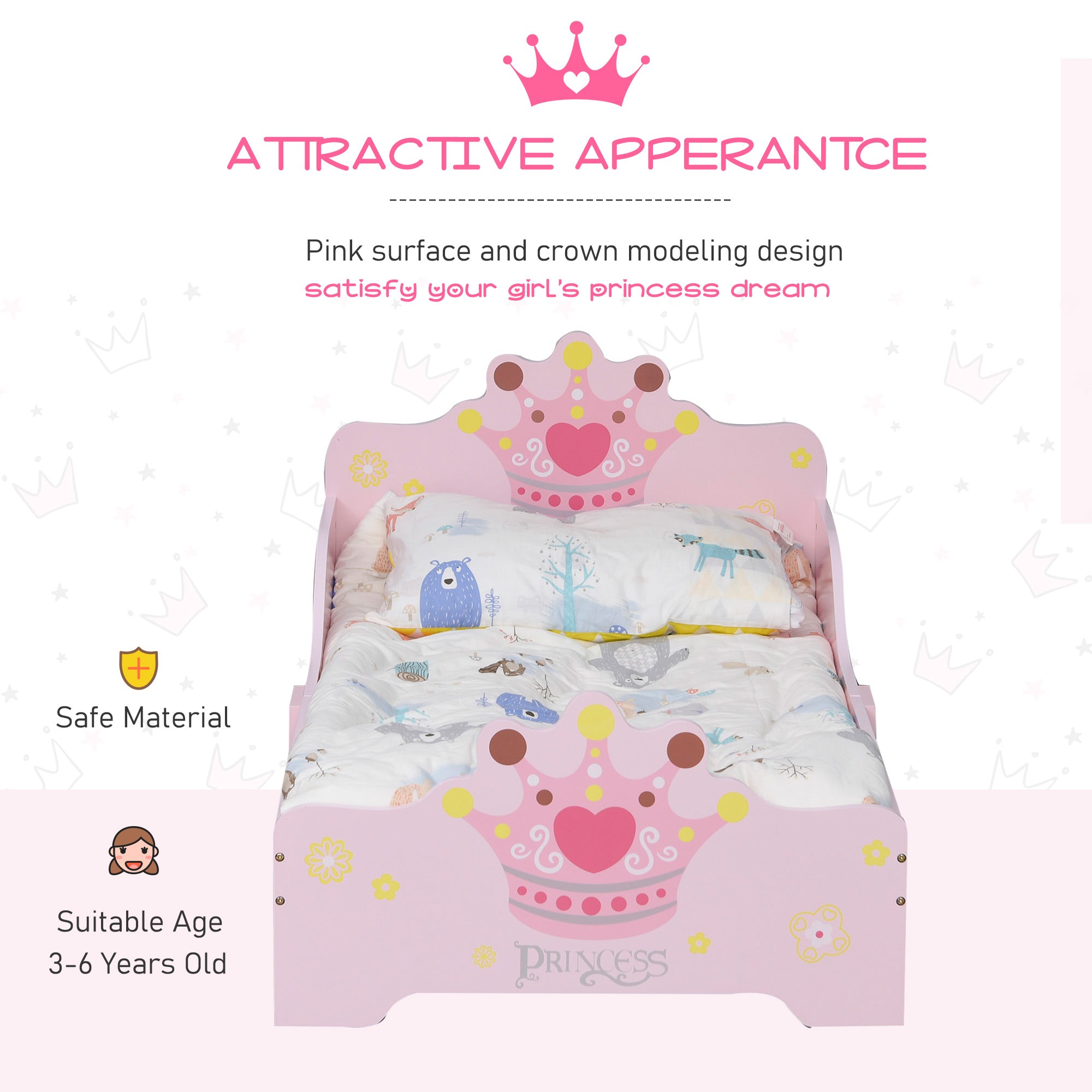 Kids Toddler Bed Princess Crown Theme Safety Side Rails Slats Home Bedroom Furniture Boys Girls 3-6 Yrs Pink 143 x 73 x 60 cm