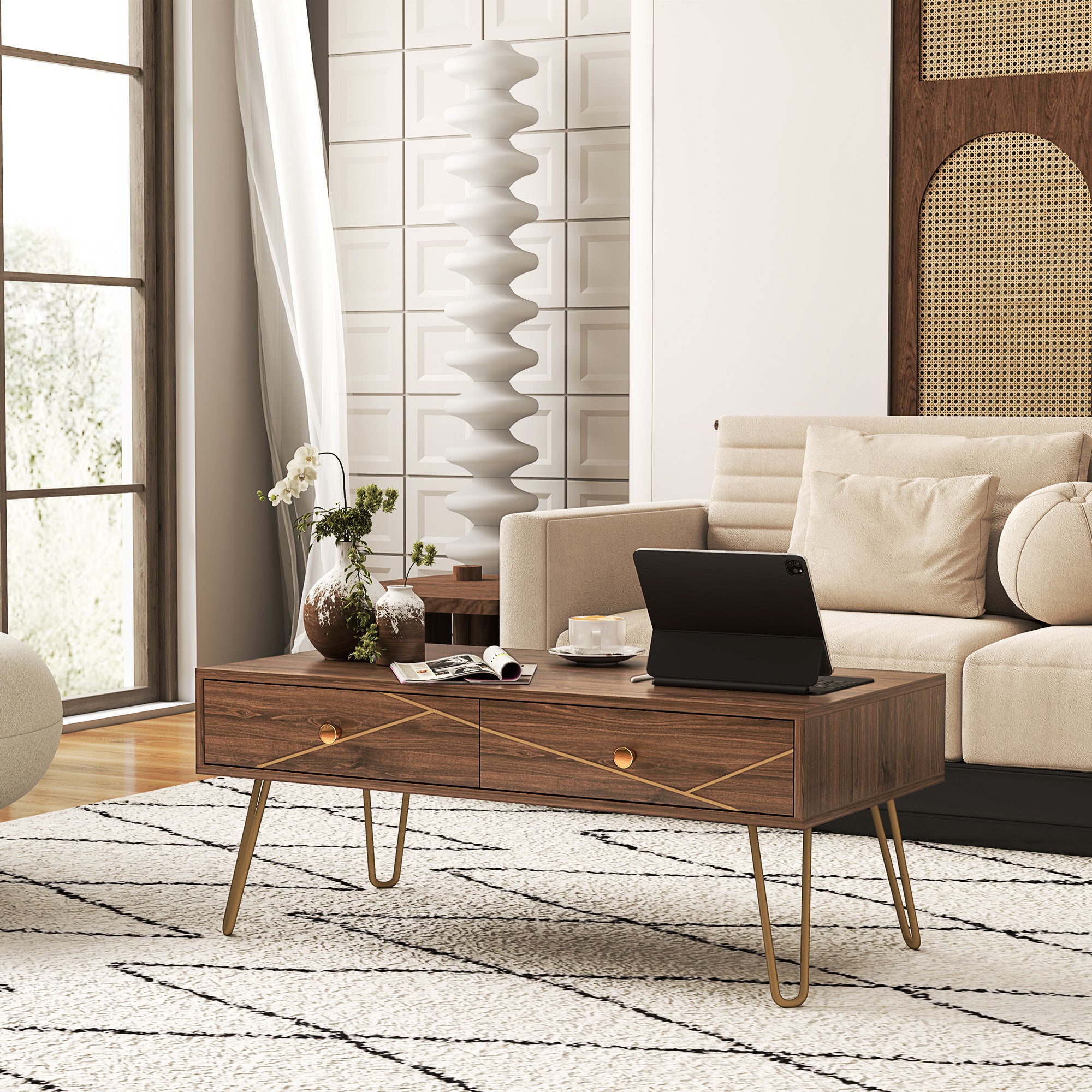 Coffee Table with Storage, Living Room Table with Drawers, Rectangular Tea Table with Steel Base for Home, 100 x 50 x 41 cm, Brown