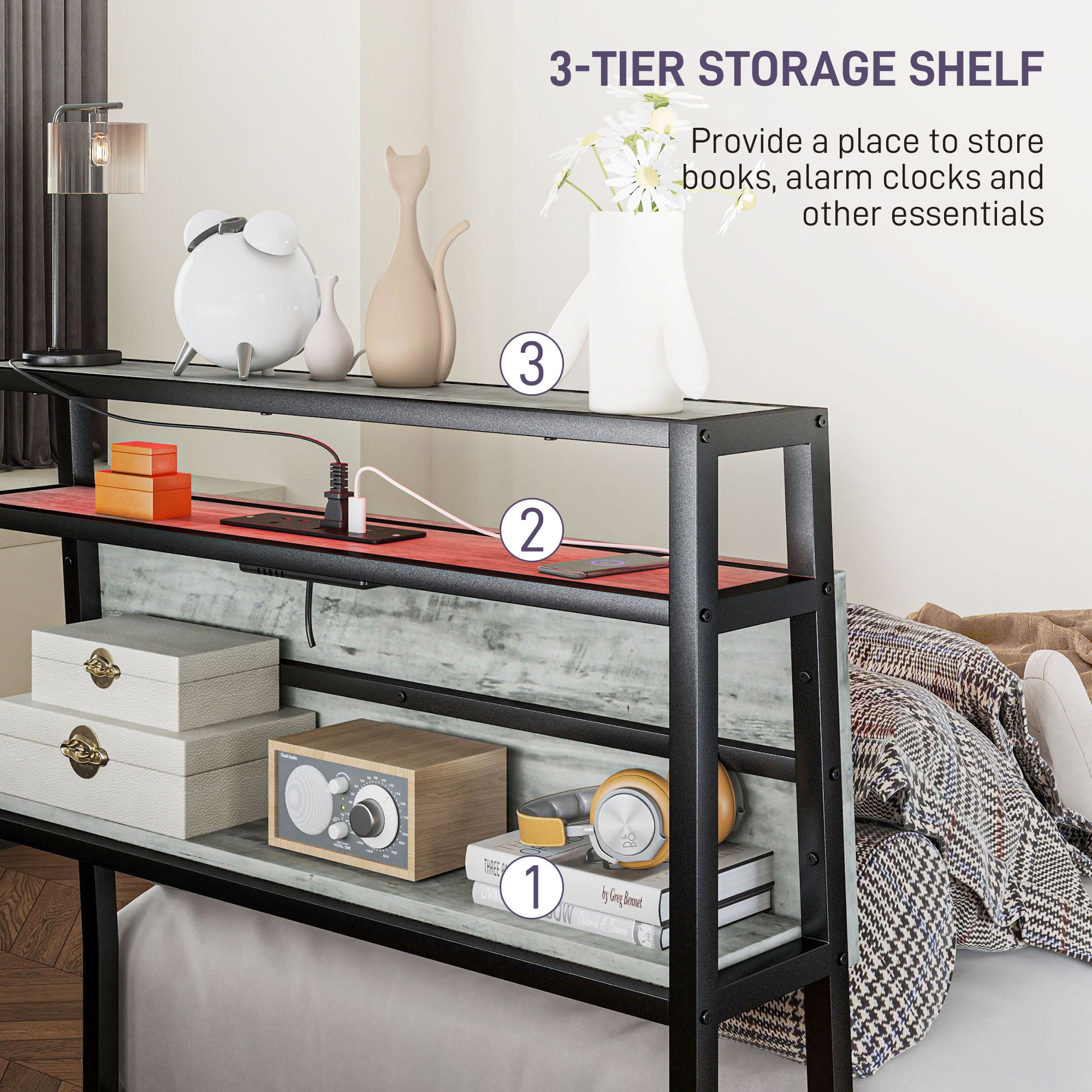 Single Steel Bed Frame, with LED Lights and Headboard Shelf - Grey
