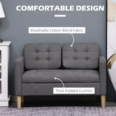 Modern 2 Seater Sofa with Hidden Storage, 117cm Tufted Cotton Couch with Wood Legs, Compact Loveseat for Living Room, Kitchen, Grey