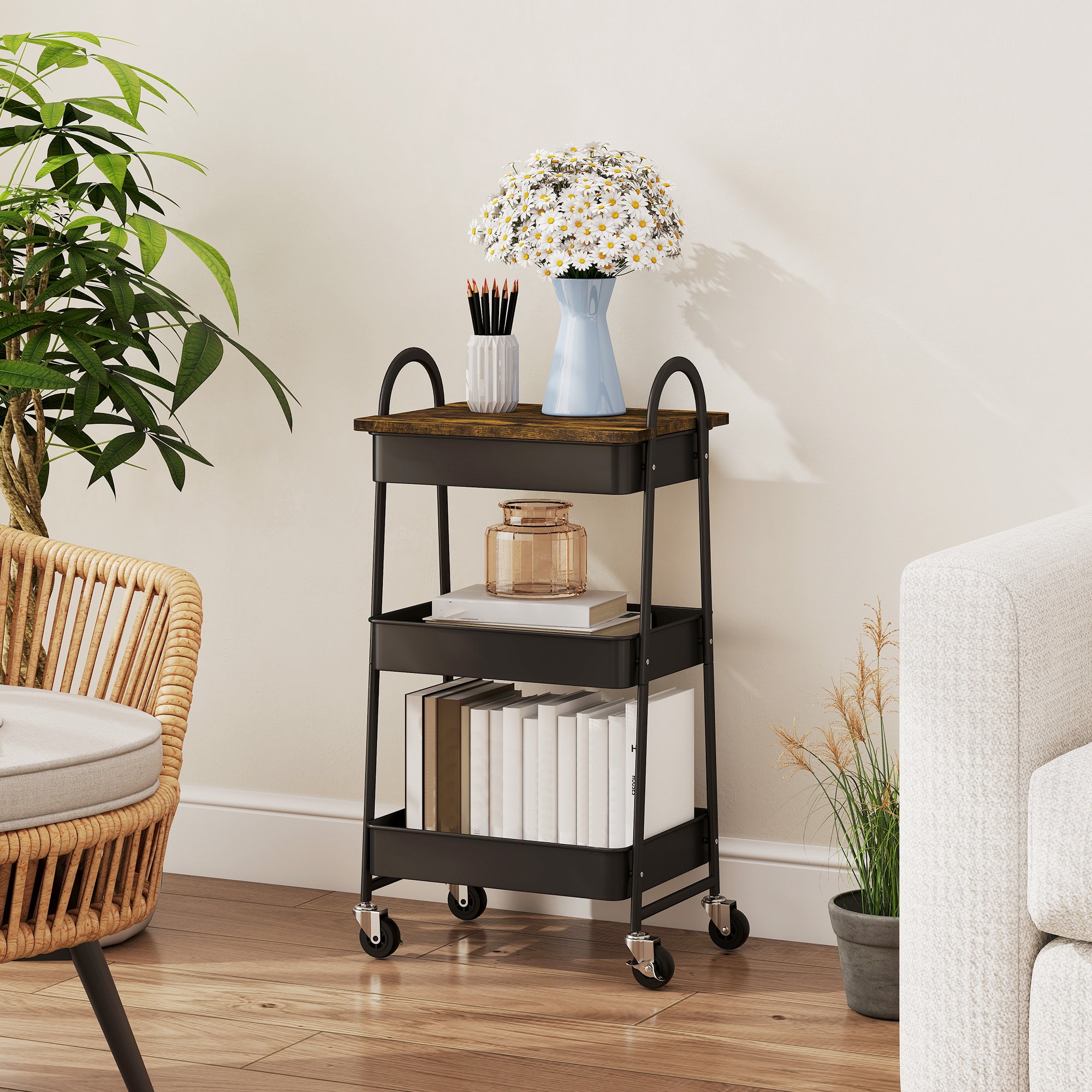 Fynco - 3-Tier Kitchen Storage Trolley with on Wheels Cover Top Board - Rustic Brown and Black