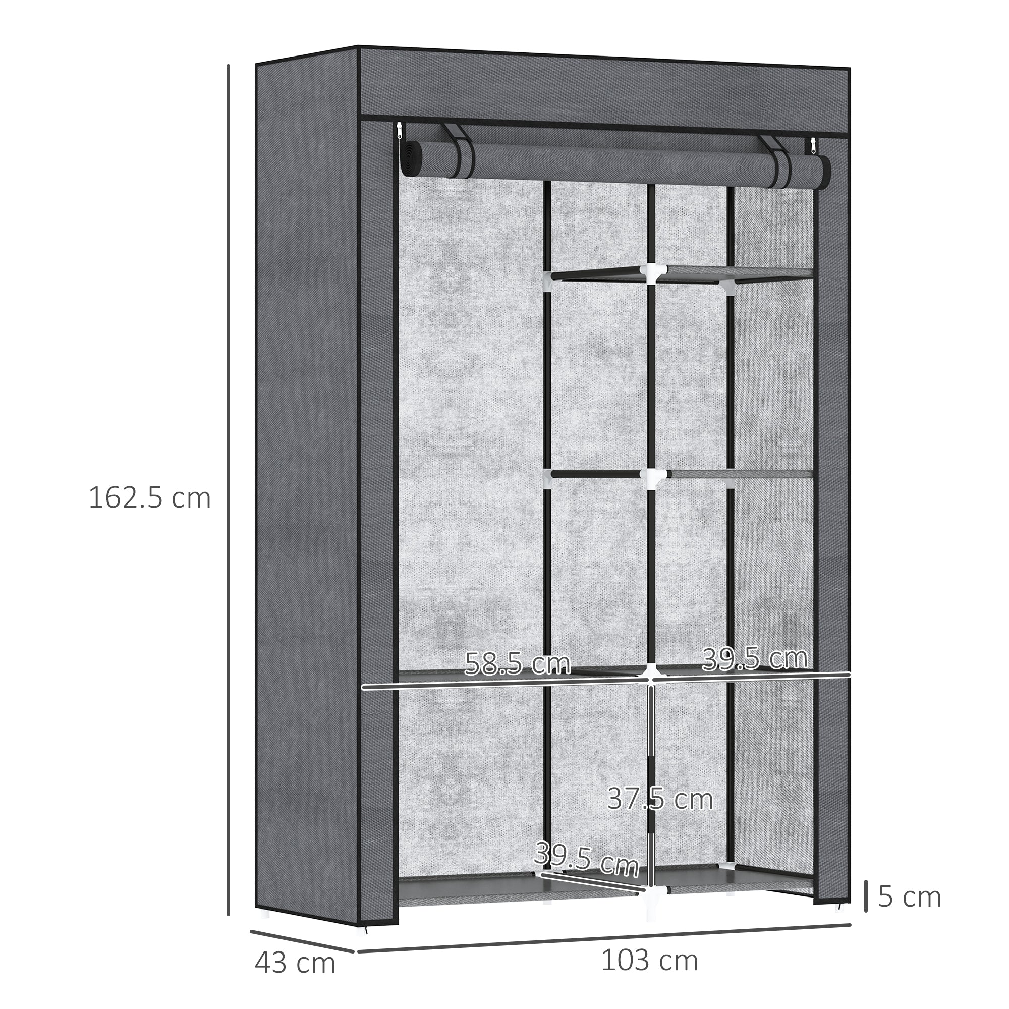 Rail and Six Shelf Fabric Wardrobe - Dark Grey