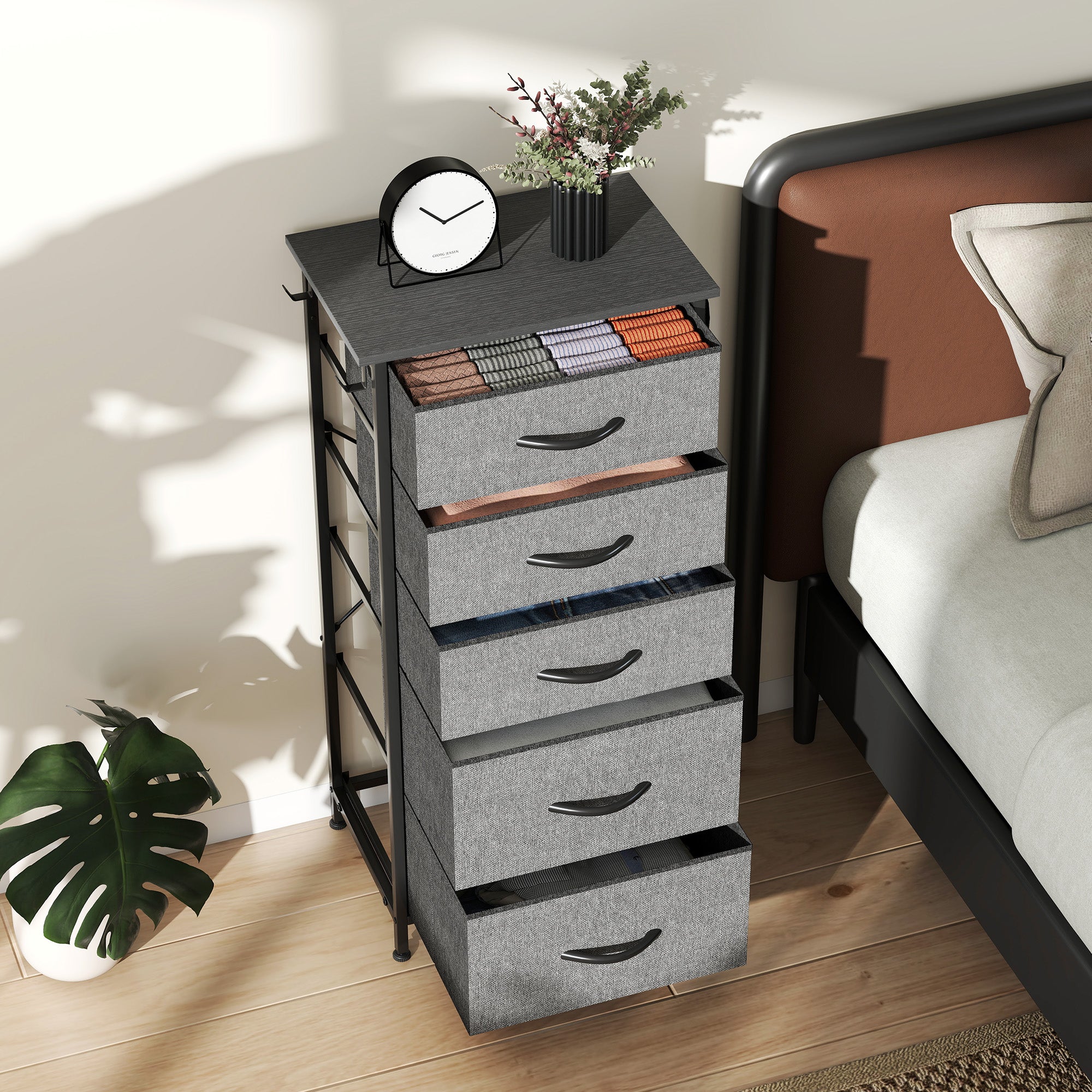 Chest of Five Fabric Drawers - Charcoal Grey