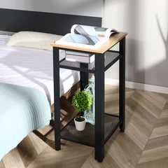 Tall Side Table Set of 2 with 3 Layer, 2 Shelves Storage Display Industrial-Style, Metal Frame, Bedside End Table for Living Room Bedroom, Oak and Black