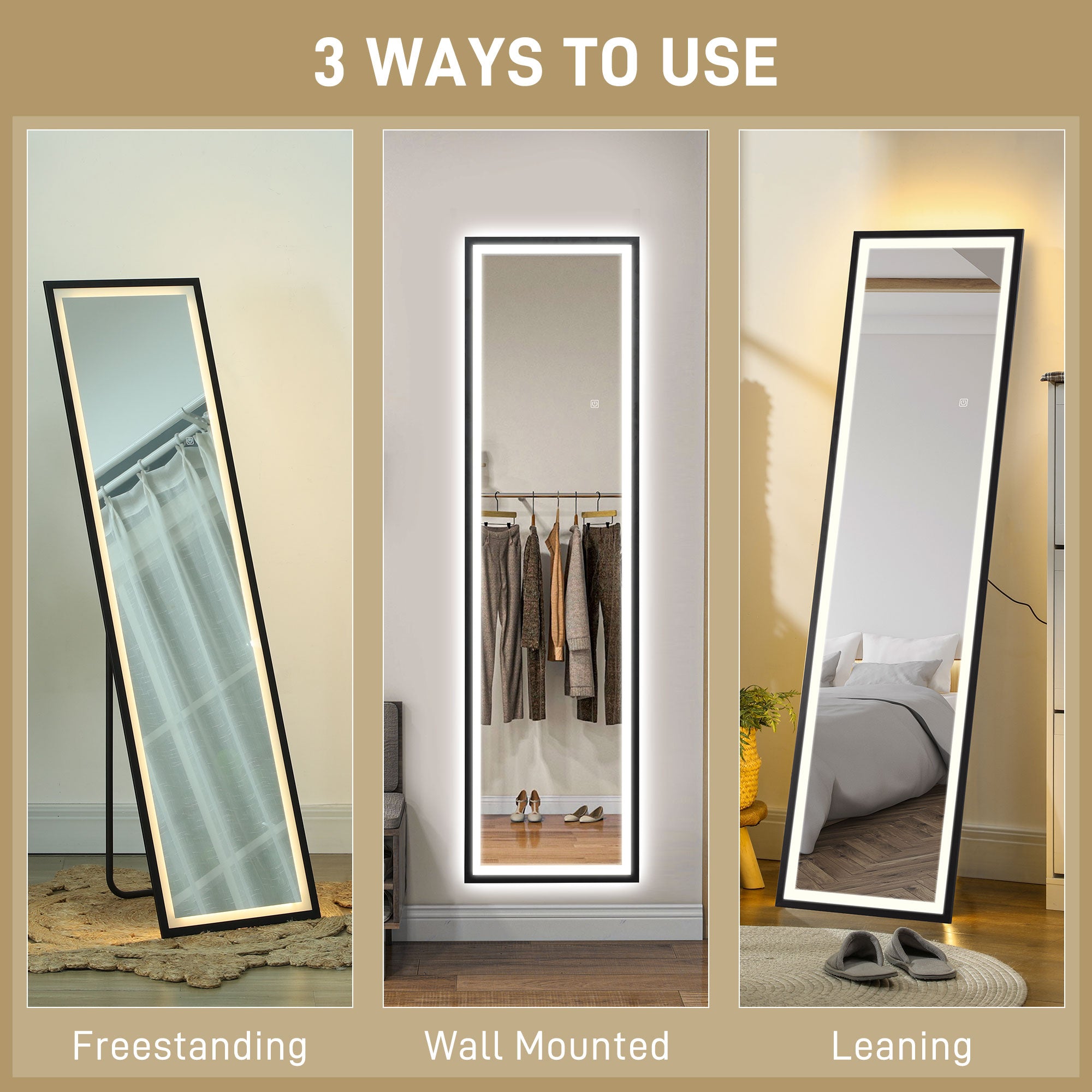 150 x 40cm Full Length Mirror, with Adjustable Lights - Black
