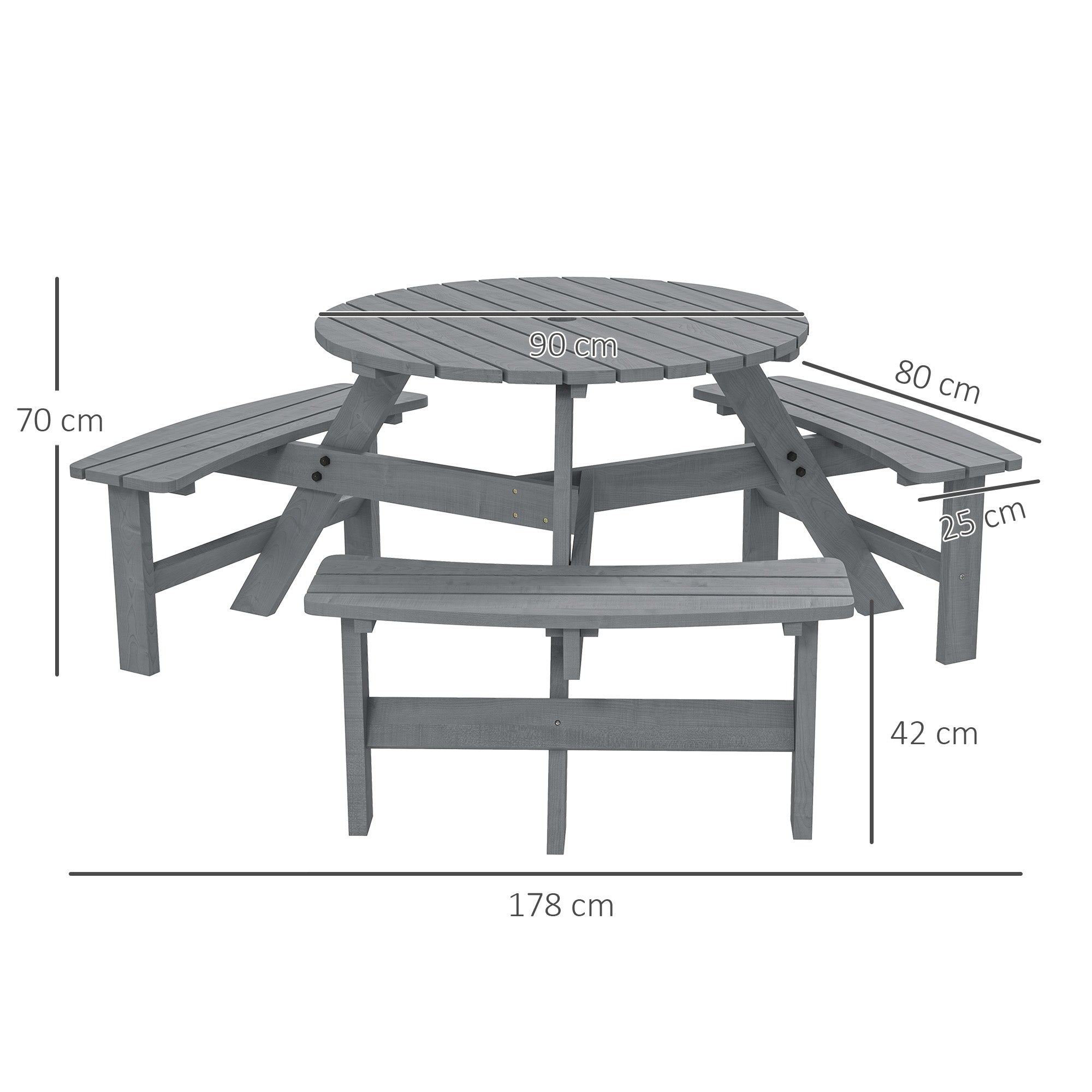 6 Seater Wooden Picnic Table and Garden Benches Set, Round Garden Dining Set with 3 Benches and Umbrella Hole Outdoor Garden Park, Grey
