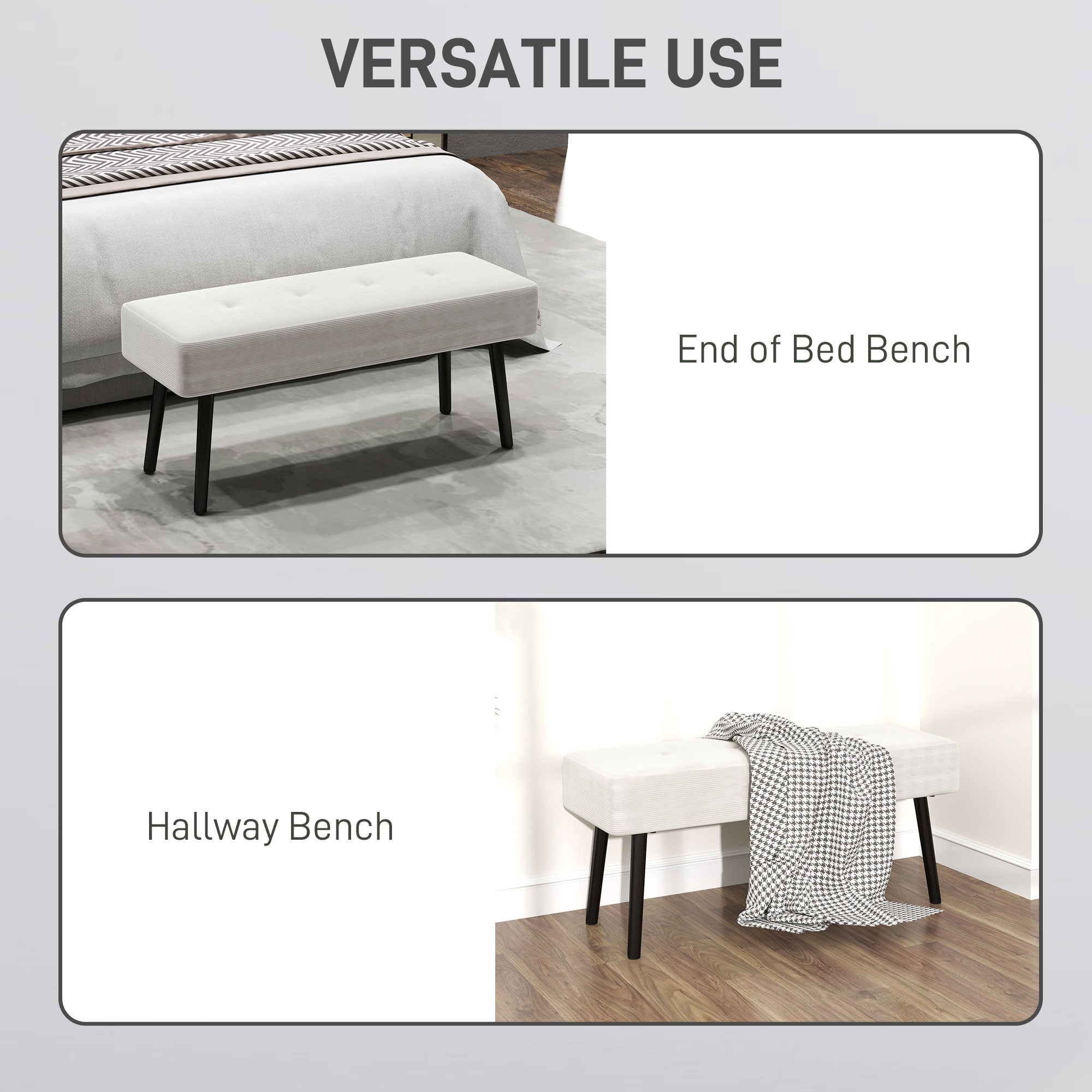End of Bed Bench, Corduroy Bedroom Bench with Thick Padding and Steel Legs, Tufted Window Seat for Entryway, Living Room, Cream White