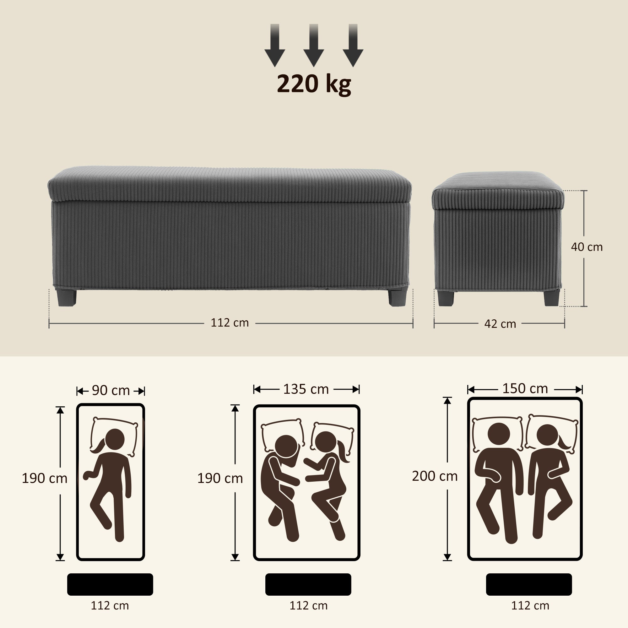 84L Corduroy Storage Ottoman - Grey