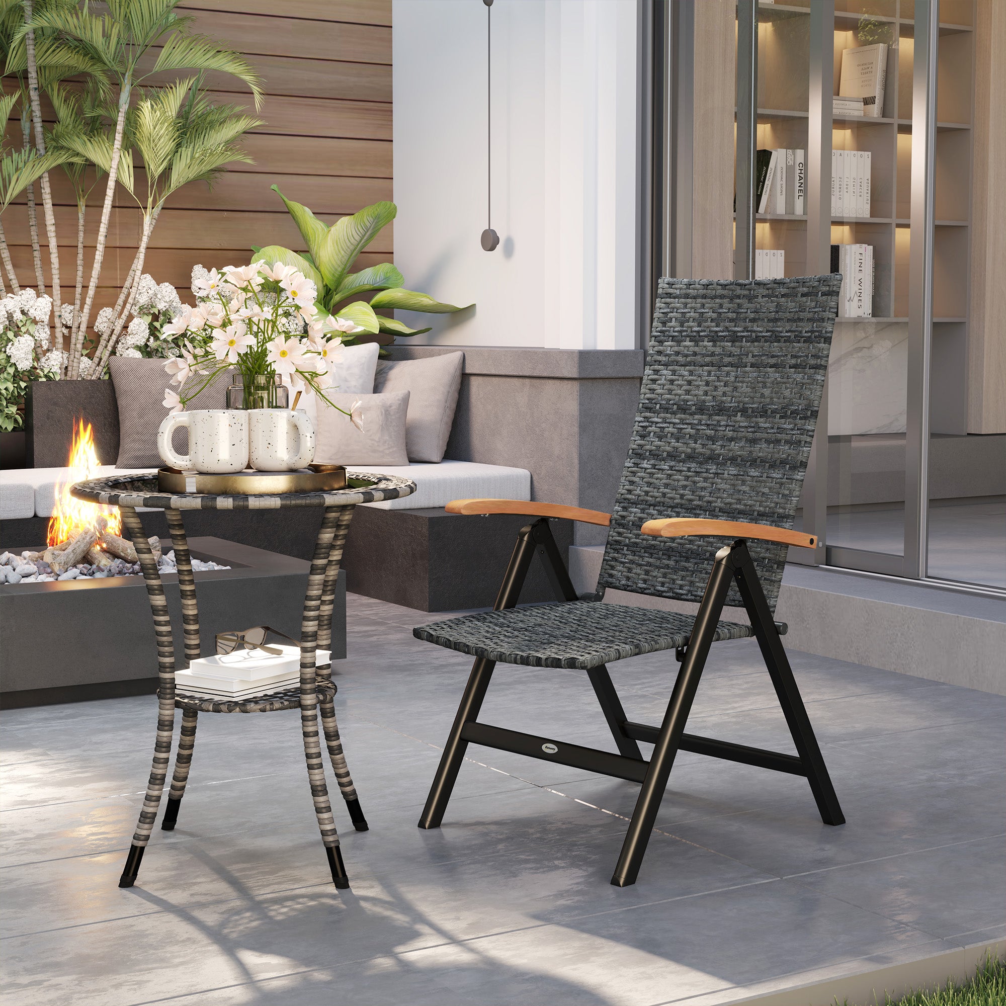 Folding Rattan Garden Dining Chair with 5-level Reclining High Back, Wood Armrests for Outdoor, Patio - Mixed-grey
