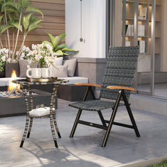 Folding Rattan Garden Dining Chair with 5-level Reclining High Back, Wood Armrests for Outdoor, Patio - Mixed-grey