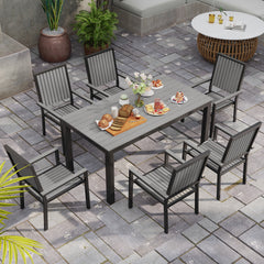 6 Seater Garden Dining Set with Stackable Chairs, Aluminium Frame, Rectangular Plastic Top, Garden Furniture Set, Outdoor Dining Table and Chairs for Patio, Balcony, Poolside, Grey
