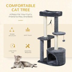 100cm Cat Tree for Indoor Cats, Cat Tower Condo for Kittens with Cat House Sisal Scratching Posts, Hanging Ball Toys, Perches - Grey