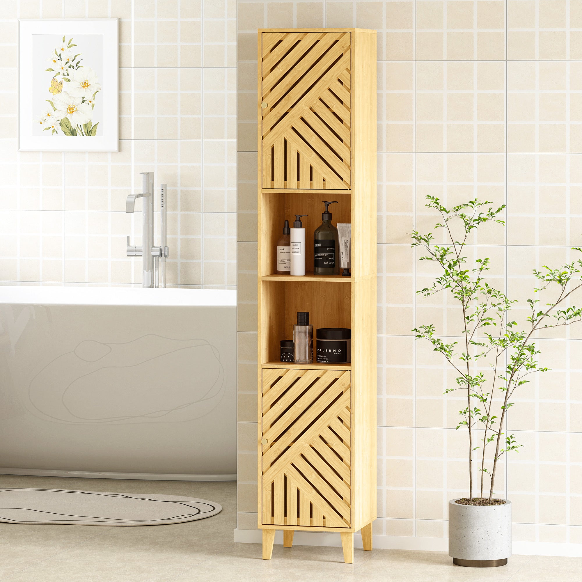 Fynco - Multi-Storage Bamboo Door Bathroom Cabinet - Natural Finish