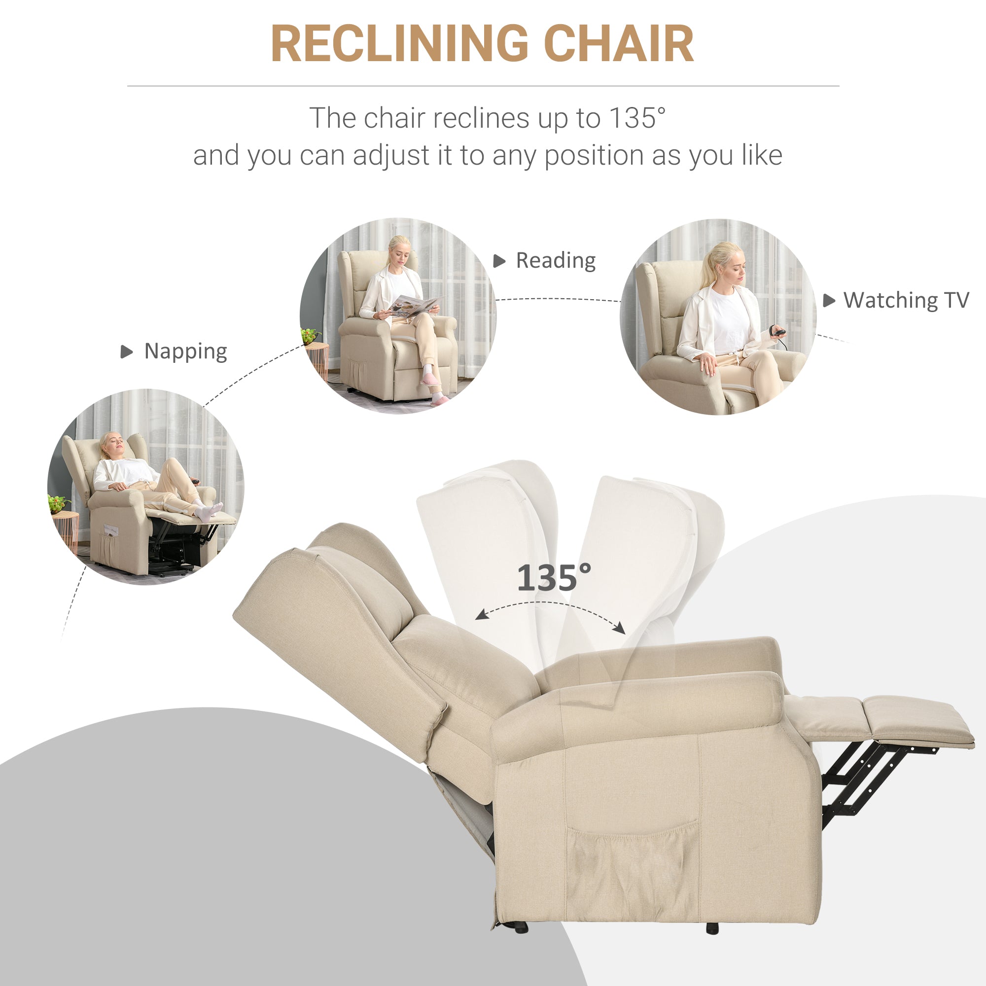 Power Lift Recliner Armchair, Electric Lift Chair for Elderly, Fabric Riser and Reclining Chair with Remote Control, Side Pockets, Extended Footrest, for Living Room, Beige