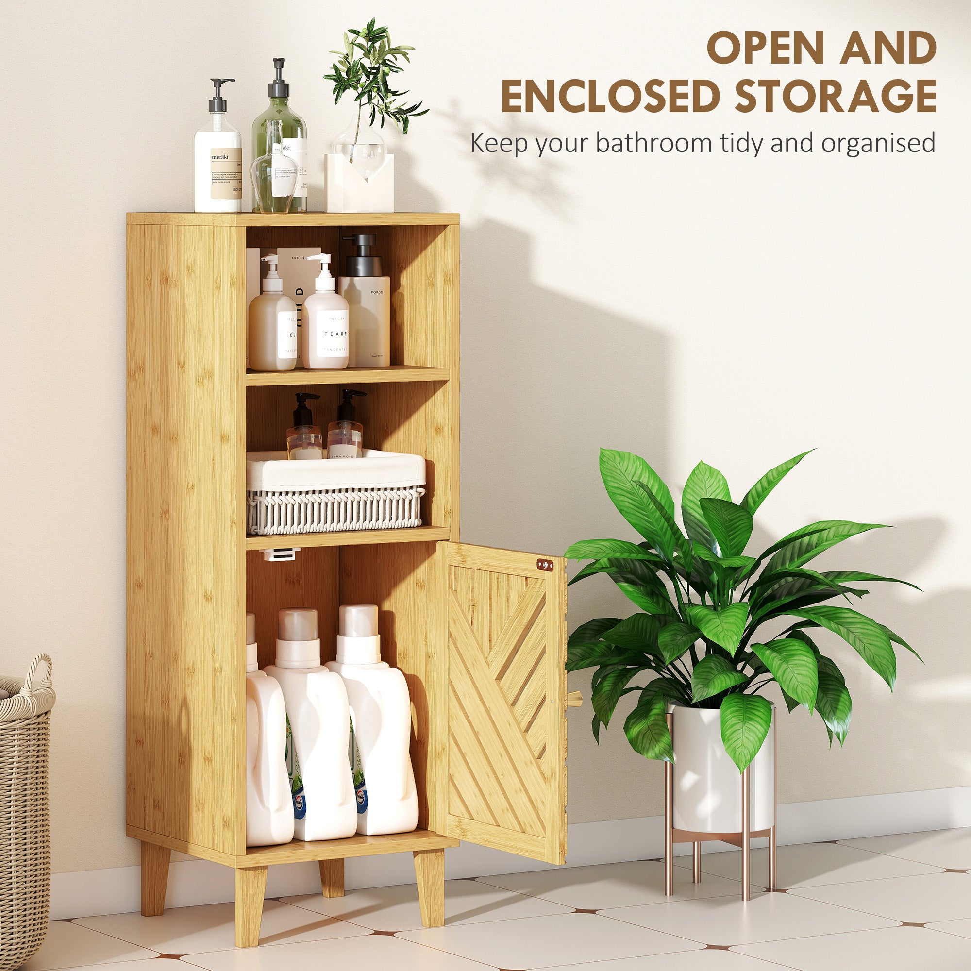 Fynco - Slim Bathroom Cabinet with Bamboo Door and Legs, Narrow Bathroom Storage Cabinet, Freestanding Storage Cupboard with Open Compartments, 32 x 30 x 90 cm, Natural Wood Finish