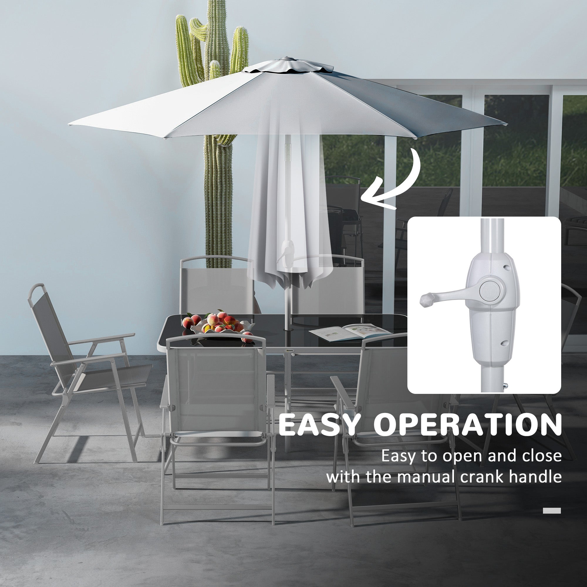 Eight-Piece Garden Dining Set, with Chairs, Table and Parasol - Grey