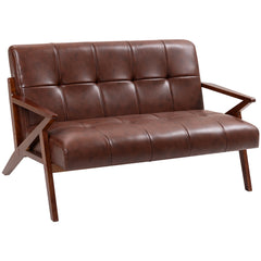 Compact 2 Seater Sofa, Vintage Tufted Loveseat Sofa with Solid Wood Legs, PU Leather Small Couch Settee for Living Room, Bedroom, Home Office, 133 x 81 x 785 cm, Brown