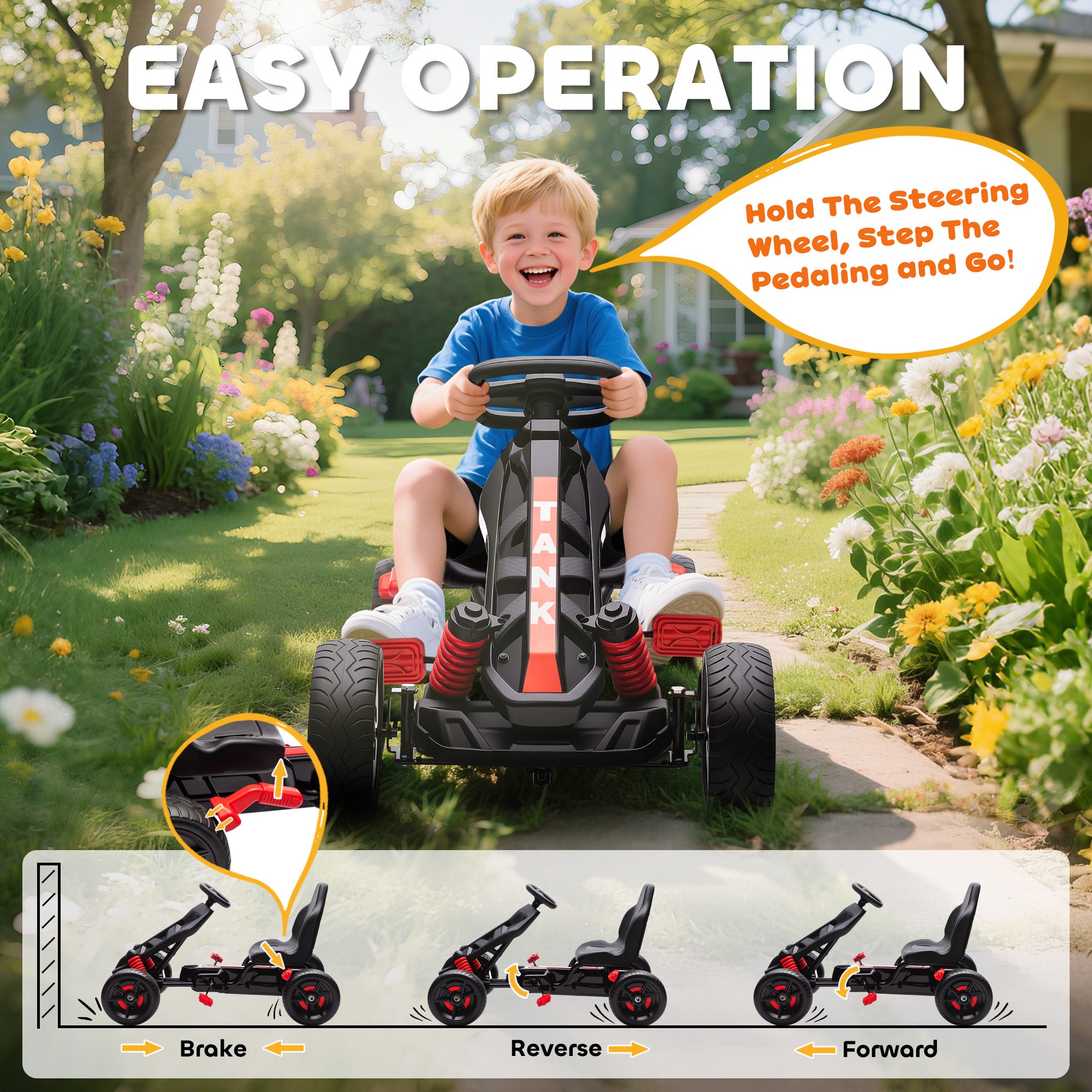 AIYAPLAY Pedal Go kart for Kids Ages 3-6 Years, with Automatic Clutch, Brake, EVA Anti-Slip Wheels, Red