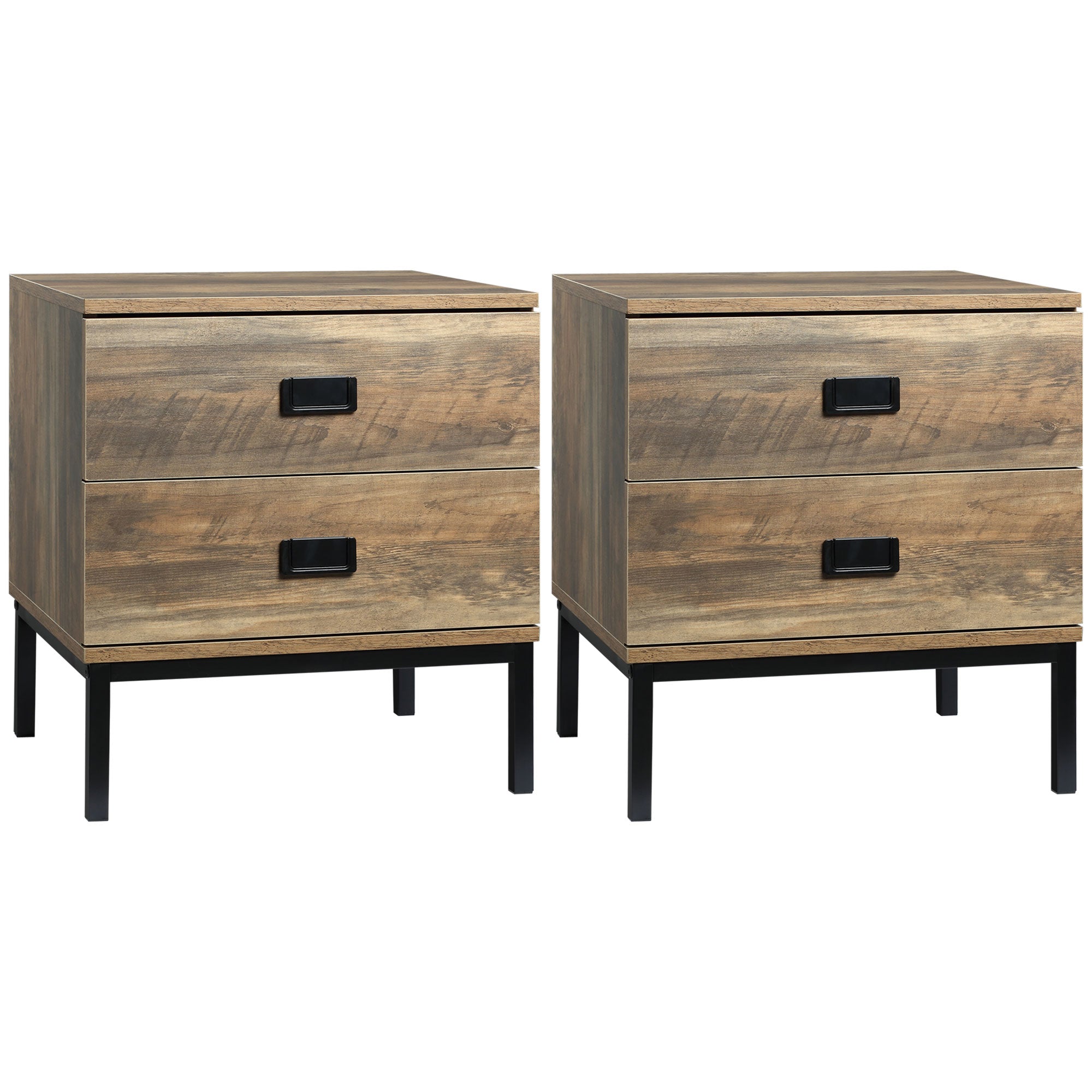 Retro Bedside Table, End Side Table with 2 Drawers, Metal Frame for Bedroom, Living Room, Set of 2, Coffee
