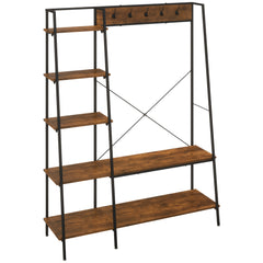 Clothes Rail, Metal Clothes Rack with Shoe Rack, 5 Tier Storage Shelves, 5 Side Hooks, Coat Stand for Bedroom, Living Room, Hallway, Rustic Brown and Black
