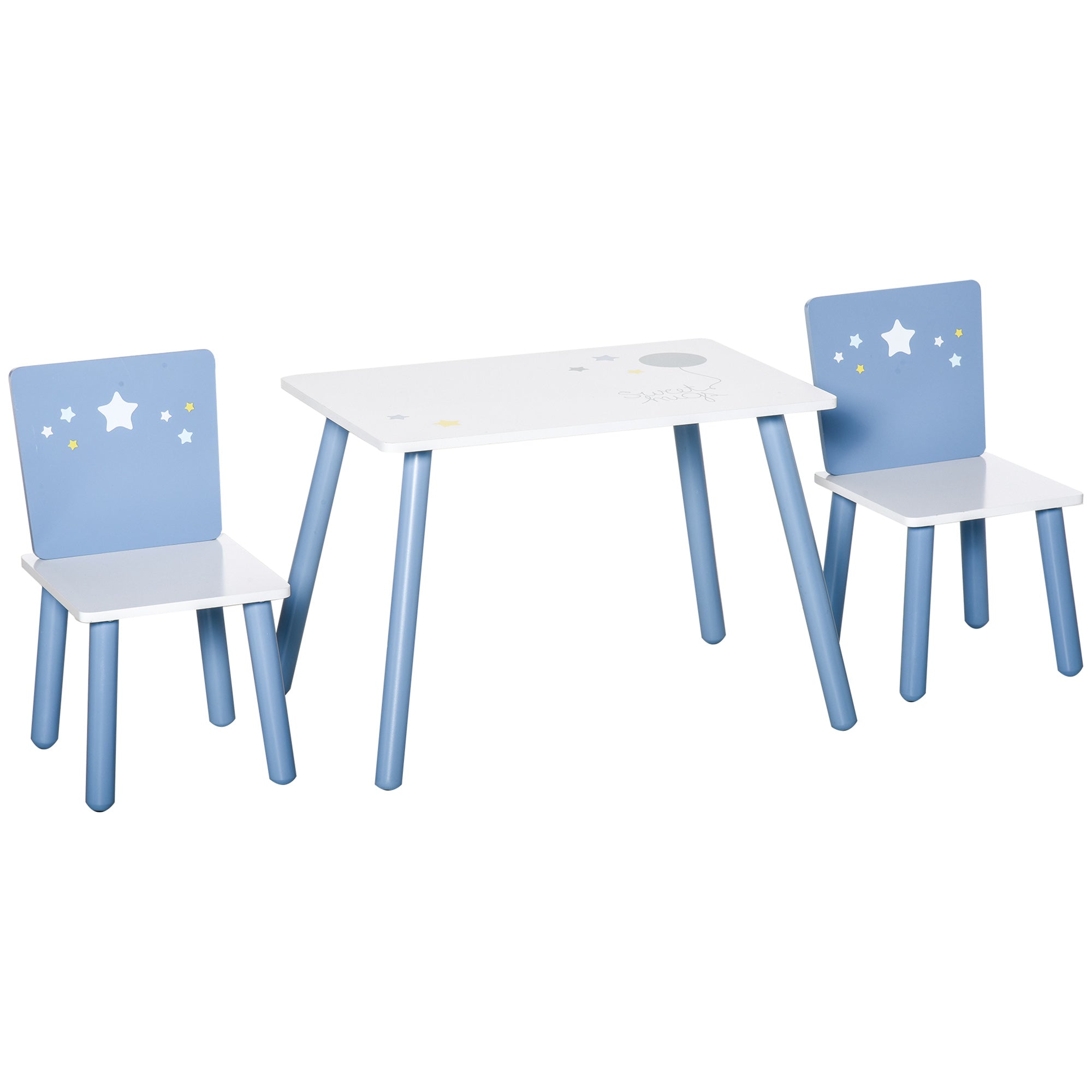 3 Pcs Kids Table & Chairs Set w/ Wood Legs Safe Corners Cute Stars Seating Mini Furniture Home Playroom Bedroom Dining Room Blue