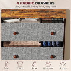 Chest of Drawers, Dresser with 4 Fabric Drawers - Grey and Rustic Brown