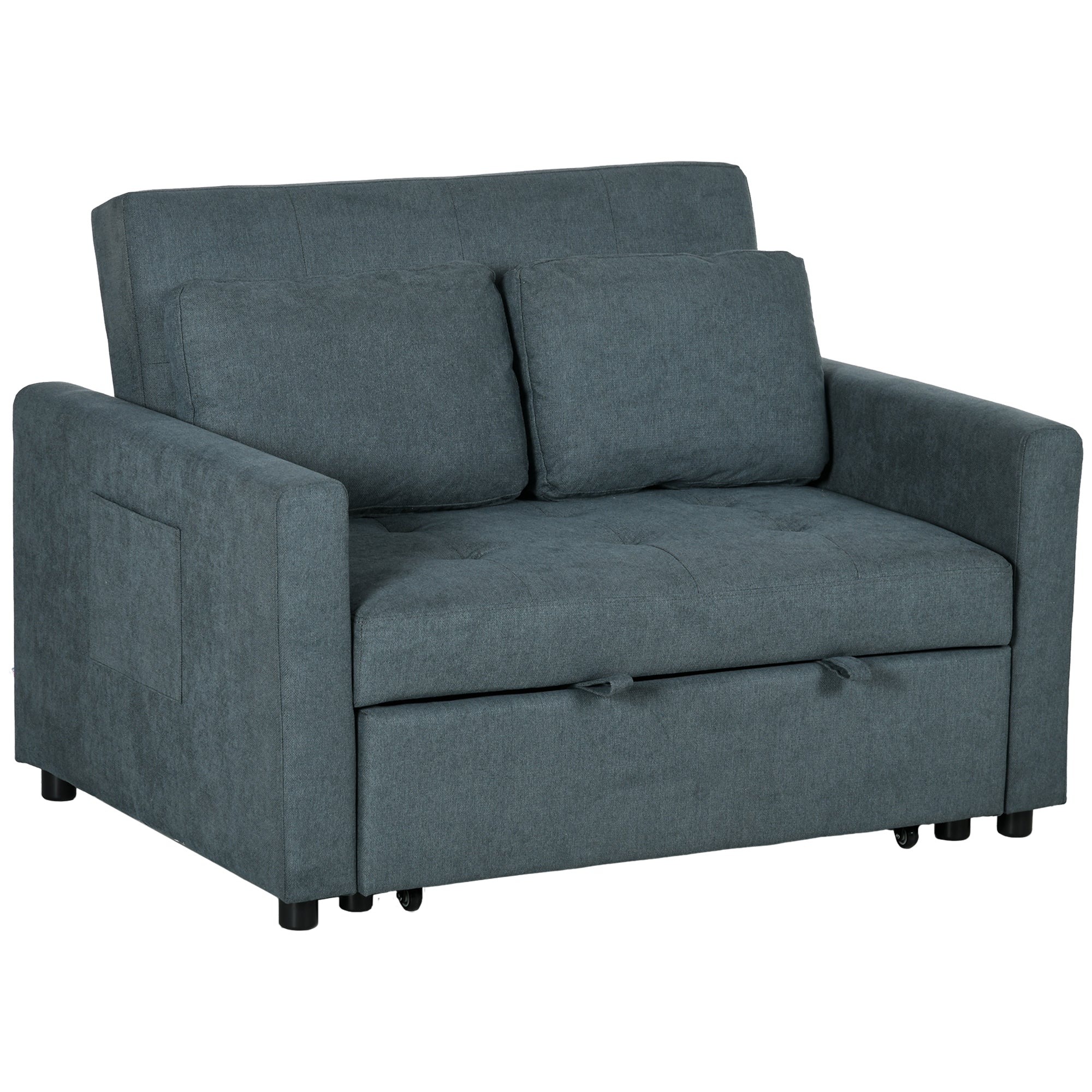 Loveseat Sofa Bed, Convertible Bed Settee with 2 Cushions, Side Pockets for Living Room, Charcoal Grey