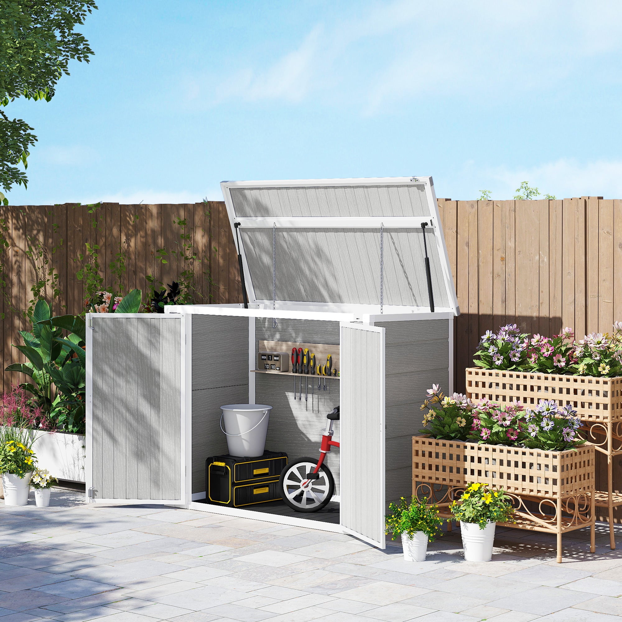 4.7 x 2.5FT Garden Shed, Lockable Outdoor Storage with Openable Lid, Small Shed for 2 Trash Cans, Tools, Patio, Light Grey